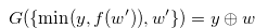 \begin{equation} \label{bydefofmove1} G(\{  \min (y,f(w^{\prime })), w^{\prime } \} ) = y \oplus w \end{equation}