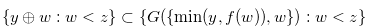 $\{ y \oplus w:w < z\}  \subset \{ G(\{  \min (y,f(w)),w\} ):w<z\} $