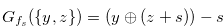 $G_{f_ s}(\{ y,z\} ) = (y \oplus (z+s))-s$