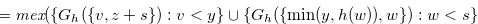 $\displaystyle =\textit{mex}(\{ G_ h(\{ v,z+s\} ):v<y\}  \cup \{ G_ h(\{  \min (y,h(w)),w\} ):w < s\} \nonumber  $