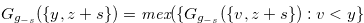 $\displaystyle  G_{g_{-s}}(\{ y,z+s\} ) =\textit{mex}(\{ G_{g_{-s}}(\{ v,z+s\} ):v<y\}  \hspace{2cm} \nonumber  $