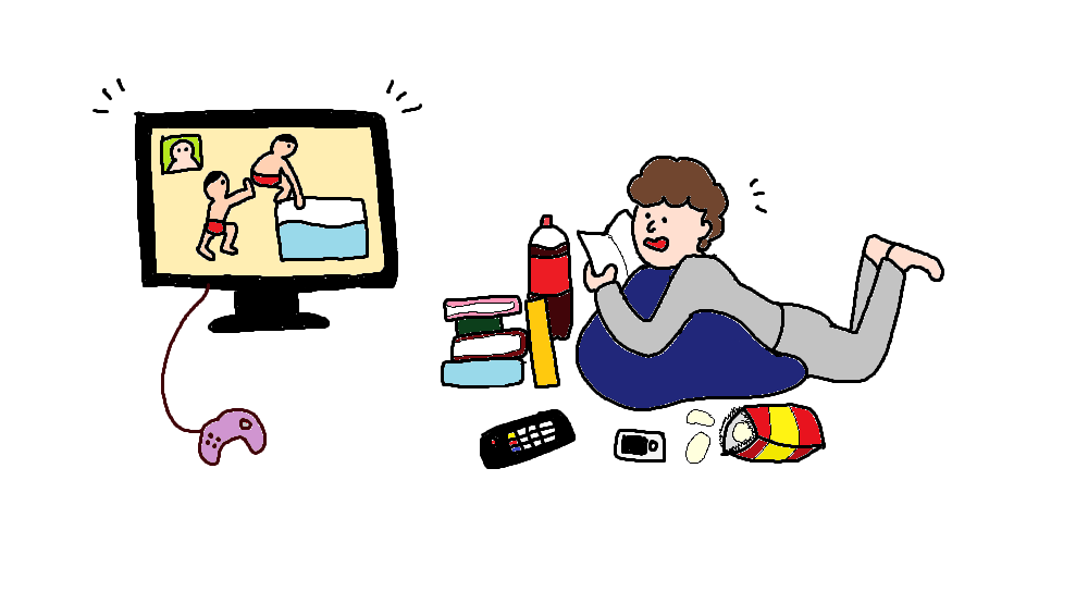 リビングでＴＶを見ながらくつろいでいる。かたわらには本がたくさん積んであり、一応本を持っているがＴＶを見ている画像。