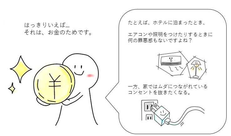 はっきり言えば、それはお金のためです。例えば、ホテルに泊まったとき、エアコンや証明をつけたりするときになんの罪悪感もないですよね？一方、家では無駄につながれているコンセントを抜きたくなる。