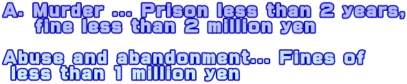 A. Murder ... Prison less than 2 years, fine less than 2 million yen Abuse and abandonment... Fines of less than 1 million yen