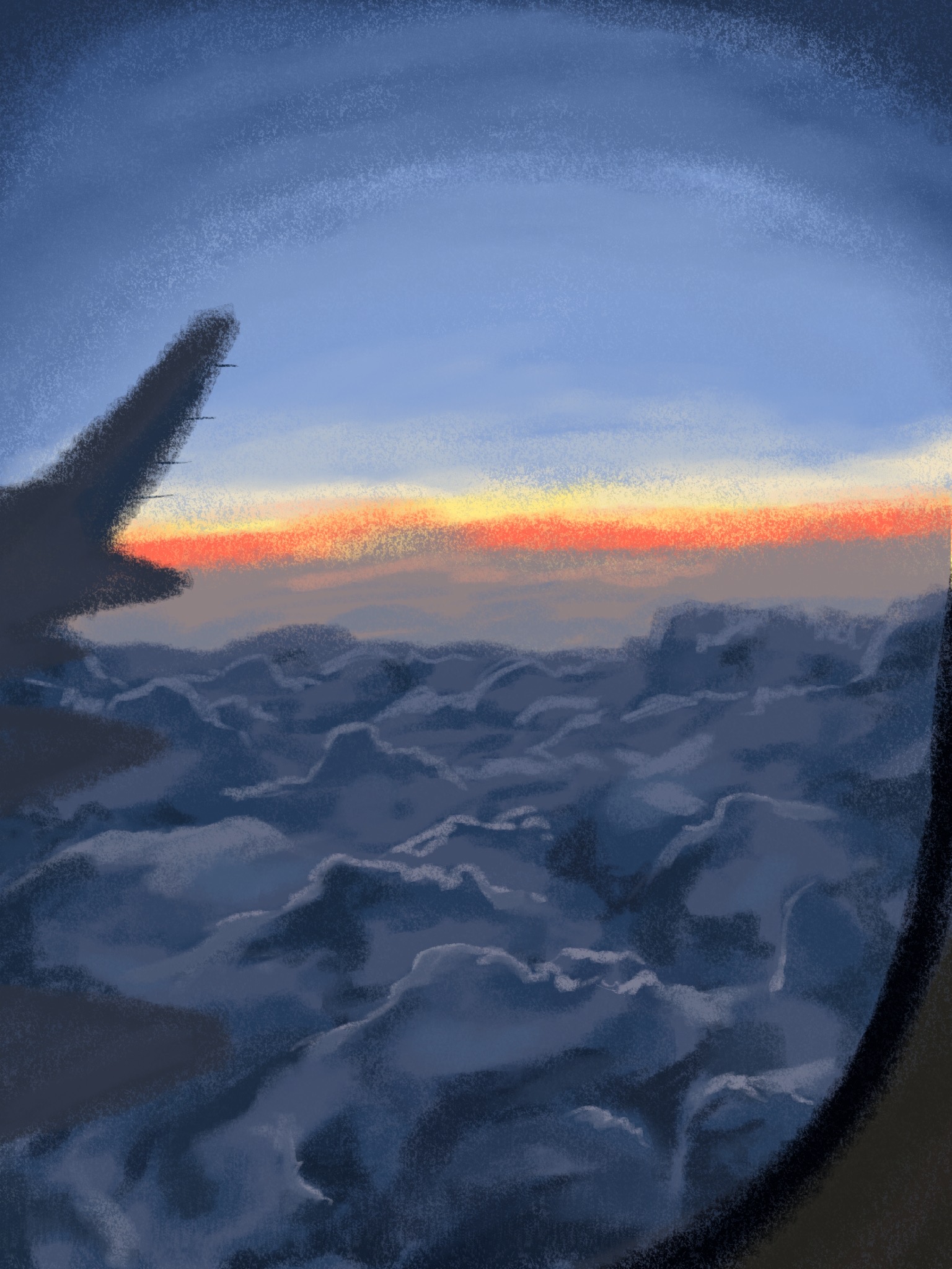 飛行機の窓からみた風景の絵