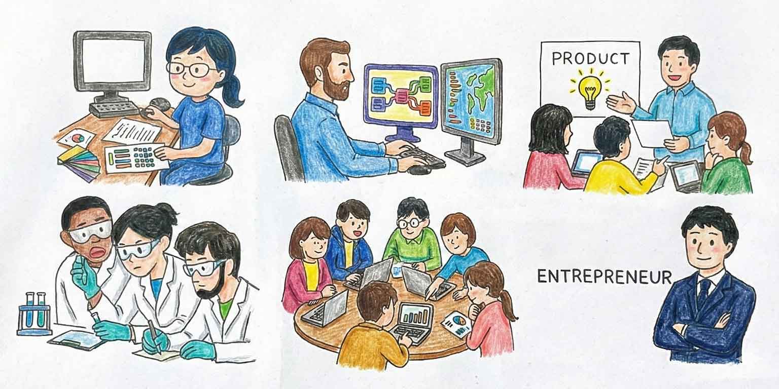 エンジニア・デザイナー・プロダクト開発・研究者・企画職・起業家のイラスト。