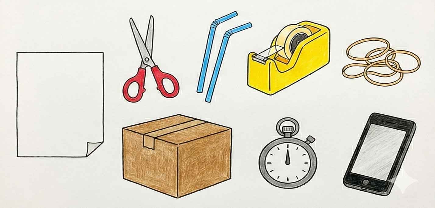 STEAM教育に必要な最小環境セットを示す図。紙・はさみ・輪ゴム・タブレットカメラ・ストロー・テープ・段ボール・タイマーの8つのアイテムが八角形で並んでいる。